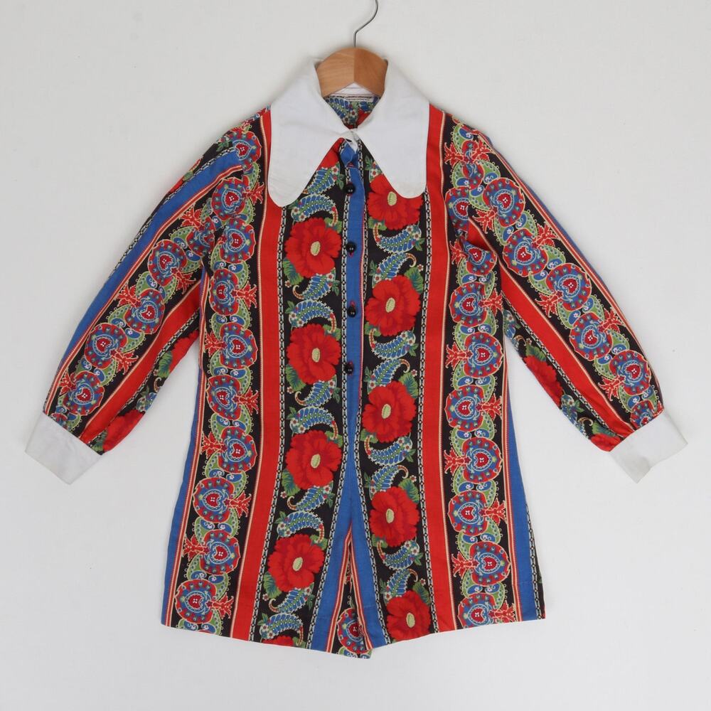 Vintage 1970s Active Editions Printed Cotton Shorts Romper Long Sleeve Size 8-10